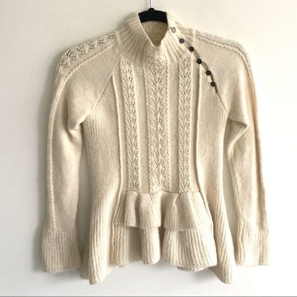ANTHROPOLOGIE Alpaca Liefsdottir Long Sleeve Mock Neck Peplum Sweater Cream XS - Picture 2 of 8